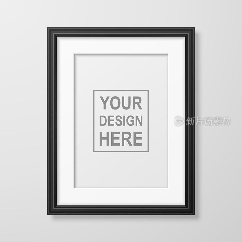 Vector 3d Realistic A4 Black Wooden Simple Modern Frame on a White Wall Background. It can be used for presentations. Design Template for Mockup, Front View
